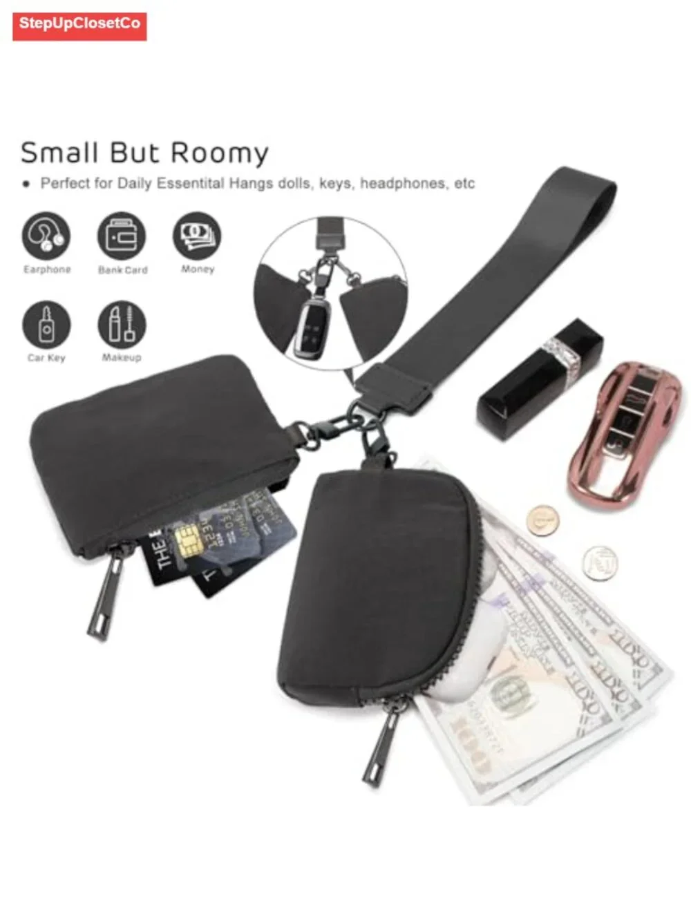 Nylon Zip Around Mini Wristlet Wallet Dual Pouch Keychain Coin Purse for Women